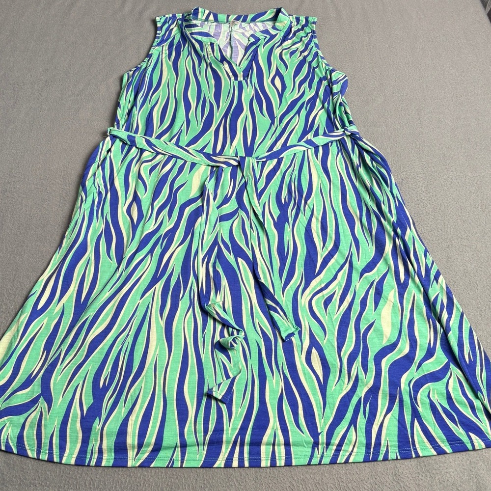 Sew In Love Women XL Blue Green Abstract Zebra Print V-Neck Tie Waist Mini Dress